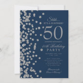 Silberner Glitter-Überraschung 50. Geburtstag Navy Einladung (Vorderseite)