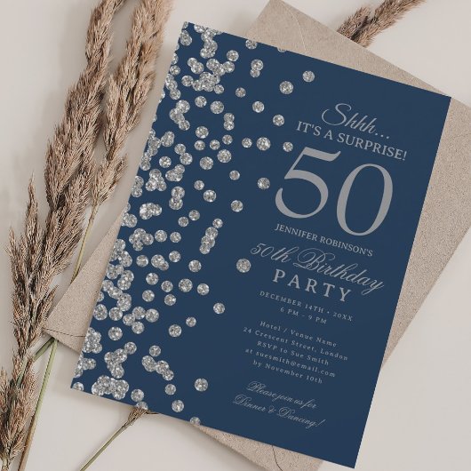 Silberner Glitter-Überraschung 50. Geburtstag Navy Einladung