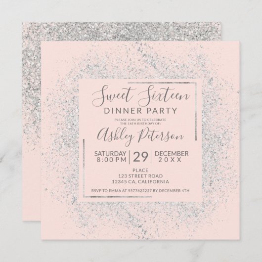 Silberner Glitterrahmen Chic erröten rosa Bonbon Einladung (Vorne/Hinten)