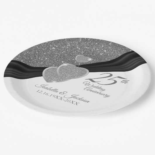 Silberner Glitzer 25. Hochzeitstag Pappteller (Schrägansicht)