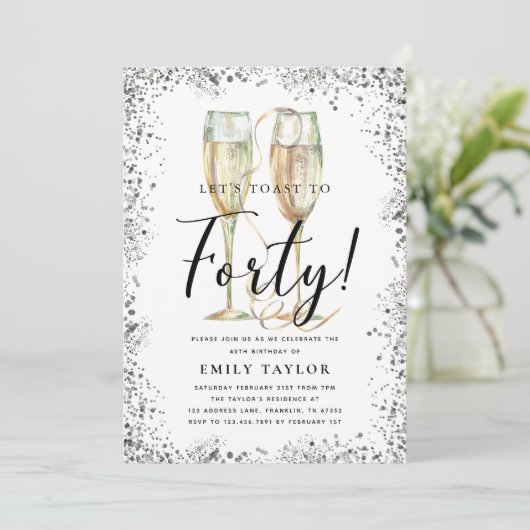Silberner Glitzer 40. Geburtstag Party Einladung (Stehend Vorderseite)