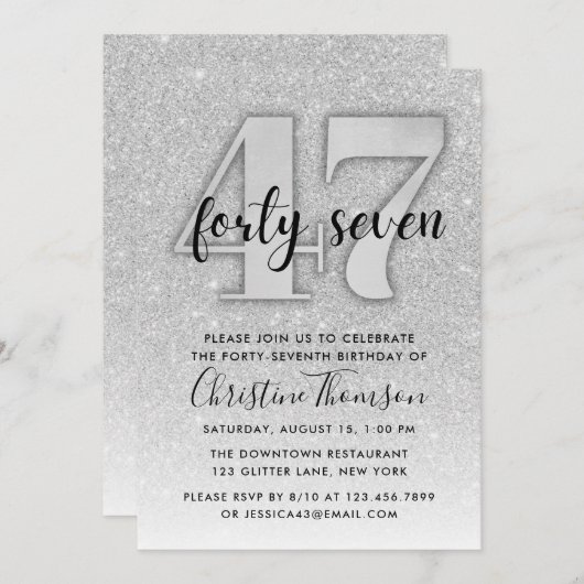 Silberner Glitzer 47. Geburtstag Einladung (Vorne/Hinten)