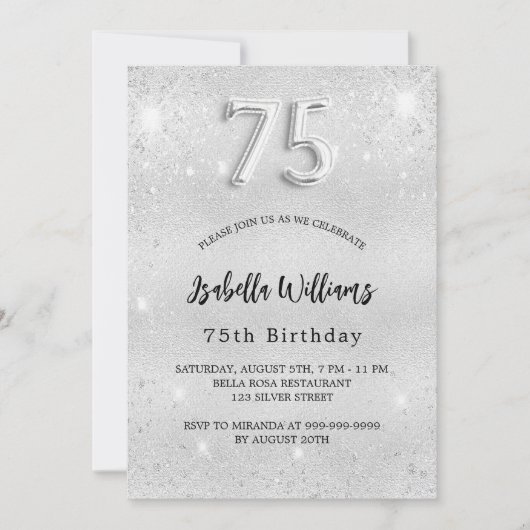 Silberner Glitzer, 75. Geburtstag Einladung (Vorderseite)