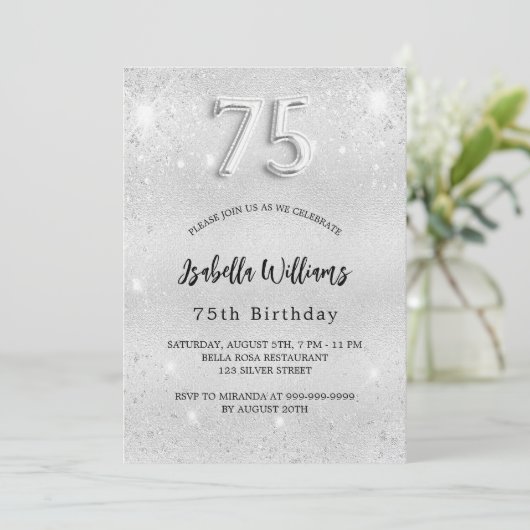 Silberner Glitzer, 75. Geburtstag Einladung (Stehend Vorderseite)