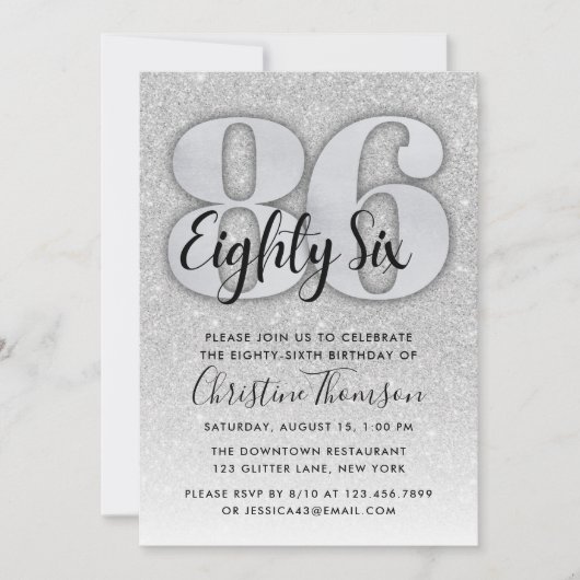 Silberner Glitzer 86. Geburtstagsfeier Einladung (Vorderseite)