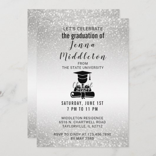 Silberner Glitzer-Abschluss Einladung (Vorne/Hinten)