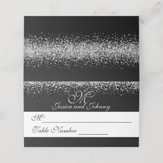 Silberner Glitzer auf Black Wedding Platzkarte (Außenseite Aufgefaltet)