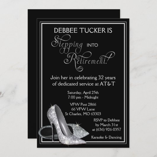 Silberner Glitzer beschuht Ruhestands-Party Einladung (Vorne/Hinten)