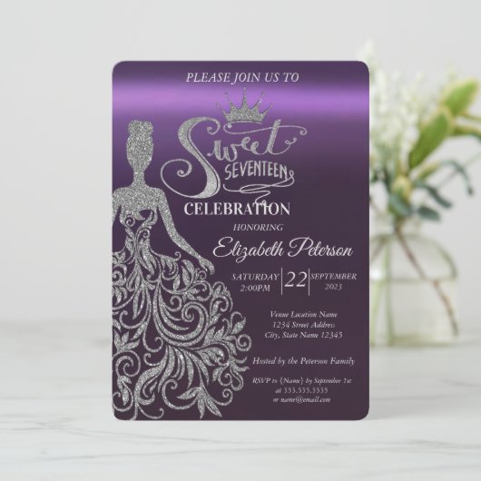 Silberner Glitzer Bokeh, Kleid, Tiara, Lila süß 17 Einladung (Stehend Vorderseite)