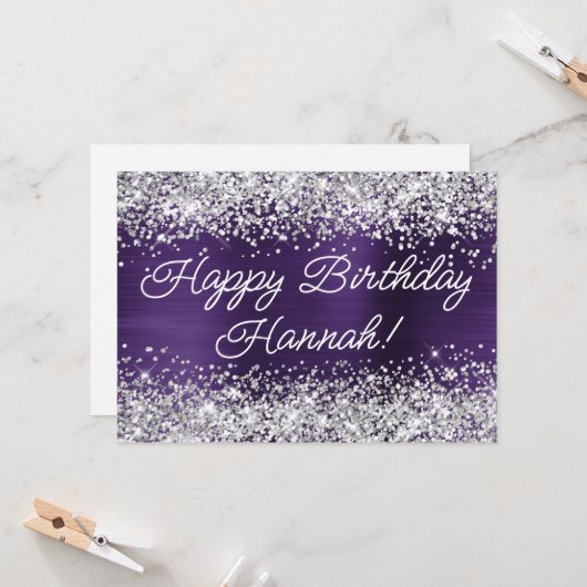 Silberner Glitzer Dunkle Violette Foil Happy Birth Karte (Vorderseite/Rückseite Beispiel)