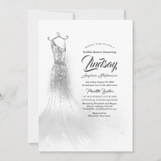 Silberner Glitzer Elegantes Kleid Weißes Brautpart Einladung (Vorderseite)