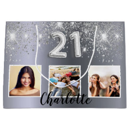 Silberner Glitzer Foto zum 21. Geburtstag Große Geschenktüte