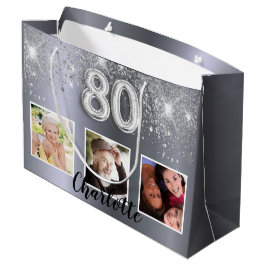 Silberner Glitzer Foto zum 80. Geburtstag Große Geschenktüte