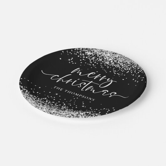 Silberner Glitzer Frohe Weihnachts-Party Schwarz Pappteller (Schrägansicht)