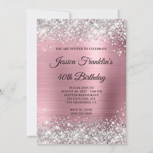 Silberner Glitzer Girly Pink Foil 40. Geburtstag Einladung (Vorderseite)