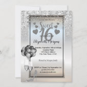 Silberner Glitzer, Glas, Ballons Sweet 16 Party Einladung (Vorderseite)