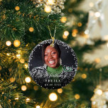 Silberner Glitzer Glitzern Foto Keramik Ornament<br><div class="desc">Personalisieren und fügen Sie ein Foto,  Alter,  Name und Datum. Weißer Text. Mit einem schwarzen Overlay und Imitate silberne Glitzern,  Konfetti.</div>