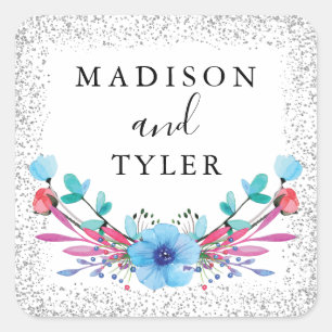 Silberner Glitzer Glitzern Watercolor Blumenstraub Quadratischer Aufkleber