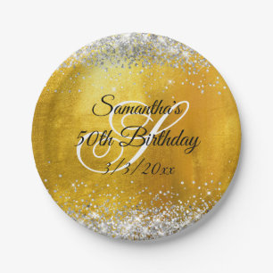 Silberner Glitzer Goldfolie 50. Geburtstag Pappteller