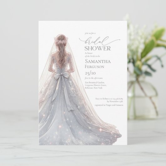 Silberner Glitzer Hochzeitskleid Glitzern Einladung (Stehend Vorderseite)