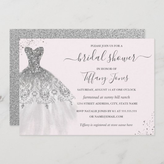Silberner Glitzer Hochzeitskleid Rosa Brautparty Einladung (Vorne/Hinten)