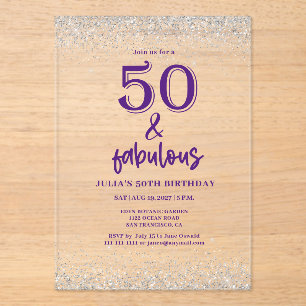Silberner Glitzer Lila 50. Geburtstagsparty Acryleinladungen