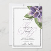 Silberner Glitzer lila Lavendel-Orchideenhochzeit Einladung (Vorderseite)