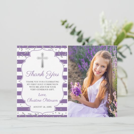 Silberner Glitzer Lila Streifen Erstkommunion Dankeskarte (Stehend Vorderseite)