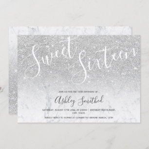 Silberner Glitzer Marmor 16 . Geburtstag Einladung