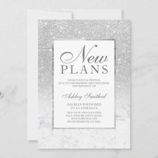 Silberner Glitzer Marmor verschoben neue Pläne Einladung (Vorderseite)