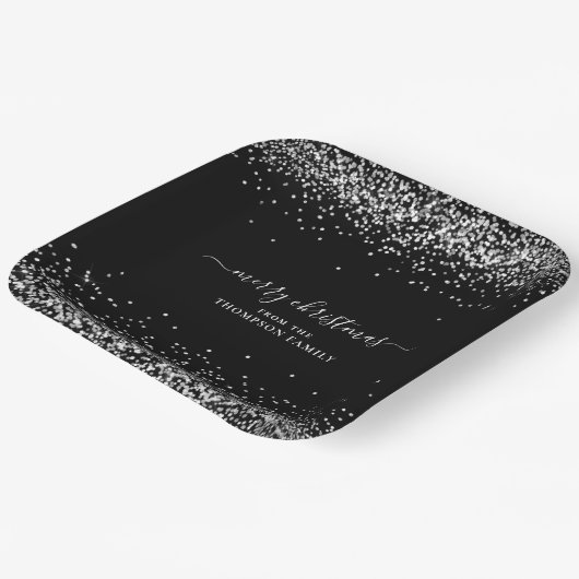 Silberner Glitzer Name Frohe Weihnachten Schwarz Pappteller (Gewinkelt)