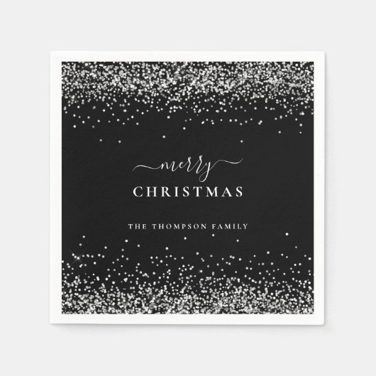 Silberner Glitzer Name Schwarz Frohe Weihnachten Serviette (Vorderseite)
