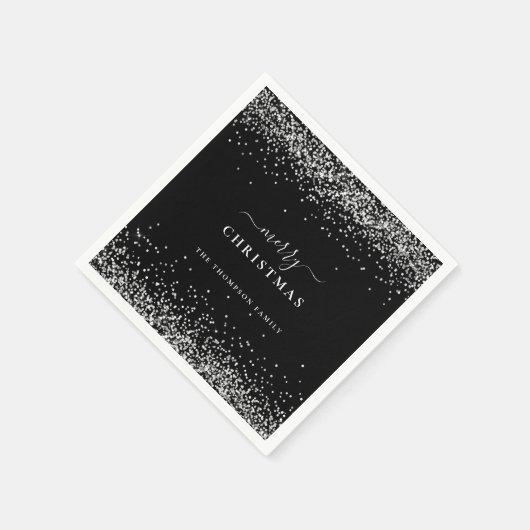 Silberner Glitzer Name Schwarz Frohe Weihnachten Serviette (Ecke)