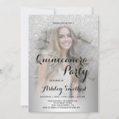 Silberner Glitzer ombre Metallisches Foto Quinceañ Einladung (Vorderseite)
