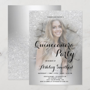 Silberner Glitzer ombre Metallisches Foto Quinceañ Einladung