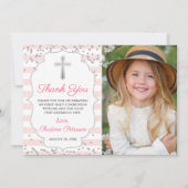 Silberner Glitzer Rosa Streifen Erste Heilige Komm Dankeskarte (Vorderseite)