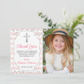 Silberner Glitzer Rosa Streifen Erste Heilige Komm Dankeskarte (Stehend Vorderseite)