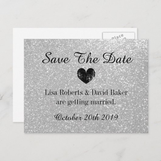 Silberner Glitzer Save the Date Hochzeitskarte Ankündigungspostkarte (Vorne/Hinten)