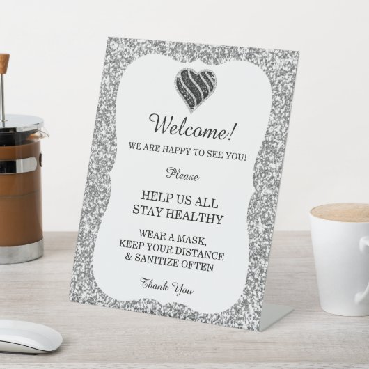 Silberner Glitzer Schwarz-Weiß-Herz Hochzeitssiche Sockelschild (In SItu)