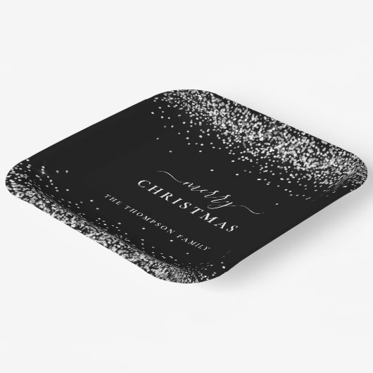Silberner Glitzer Schwarzer Name Frohe Weihnachten Pappteller (Gewinkelt)