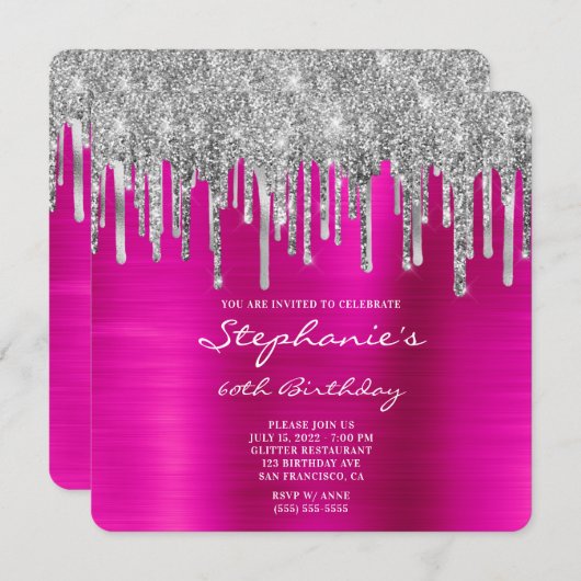 Silberner Glitzer Tropfen Fuchsia Foil 60. Geburts Einladung (Vorne/Hinten)