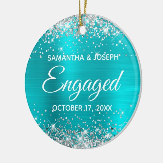 Silberner Glitzer Türkis Blaue Fohle Verlobt Keramik Ornament (Links)