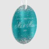 Silberner Glitzer Türkis Blauer Foil 1. Weihnachts Ornament (Vorderseite)