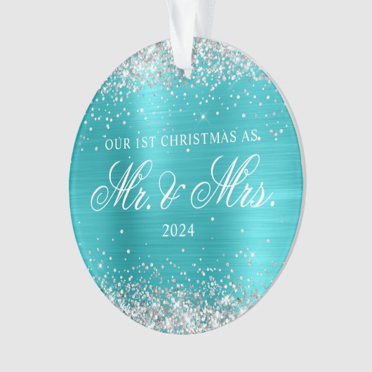 Silberner Glitzer Türkis Blauer Foil 1. Weihnachts Ornament (Vorderseite)