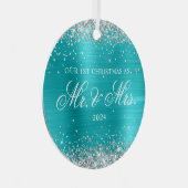 Silberner Glitzer Türkis Blauer Foil 1. Weihnachts Ornament Aus Metall (Vorderseite Rechts)