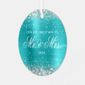 Silberner Glitzer Türkis Blauer Foil 1. Weihnachts Ornament Aus Metall (Vorderseite links)