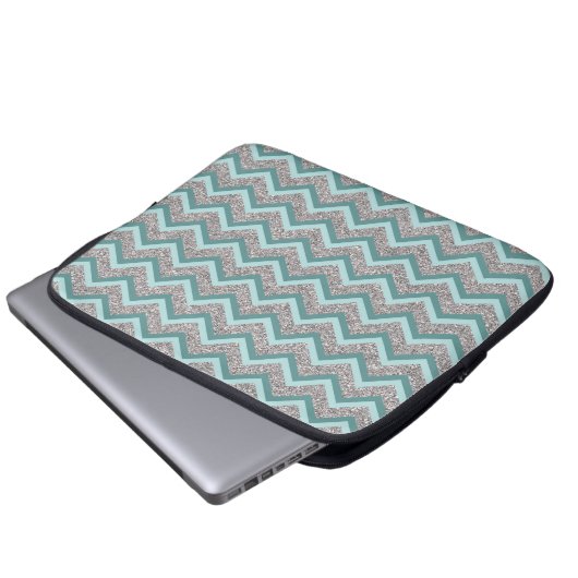 Silberner Glitzer und Aquamarines ZigZag Laptopschutzhülle (Vorne Knopf)