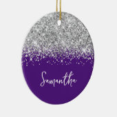 Silberner Glitzer und Royal Lila Glam Name Keramik Ornament (Rechts)
