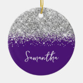 Silberner Glitzer und Royal Lila Glam Name Keramik Ornament (Vorne)