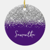 Silberner Glitzer und Royal Lila Glam Name Keramik Ornament (Hinten)